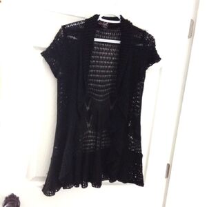Questions By Say What Women's Black Crochet Ruffle Open Front Knit Cardigan S